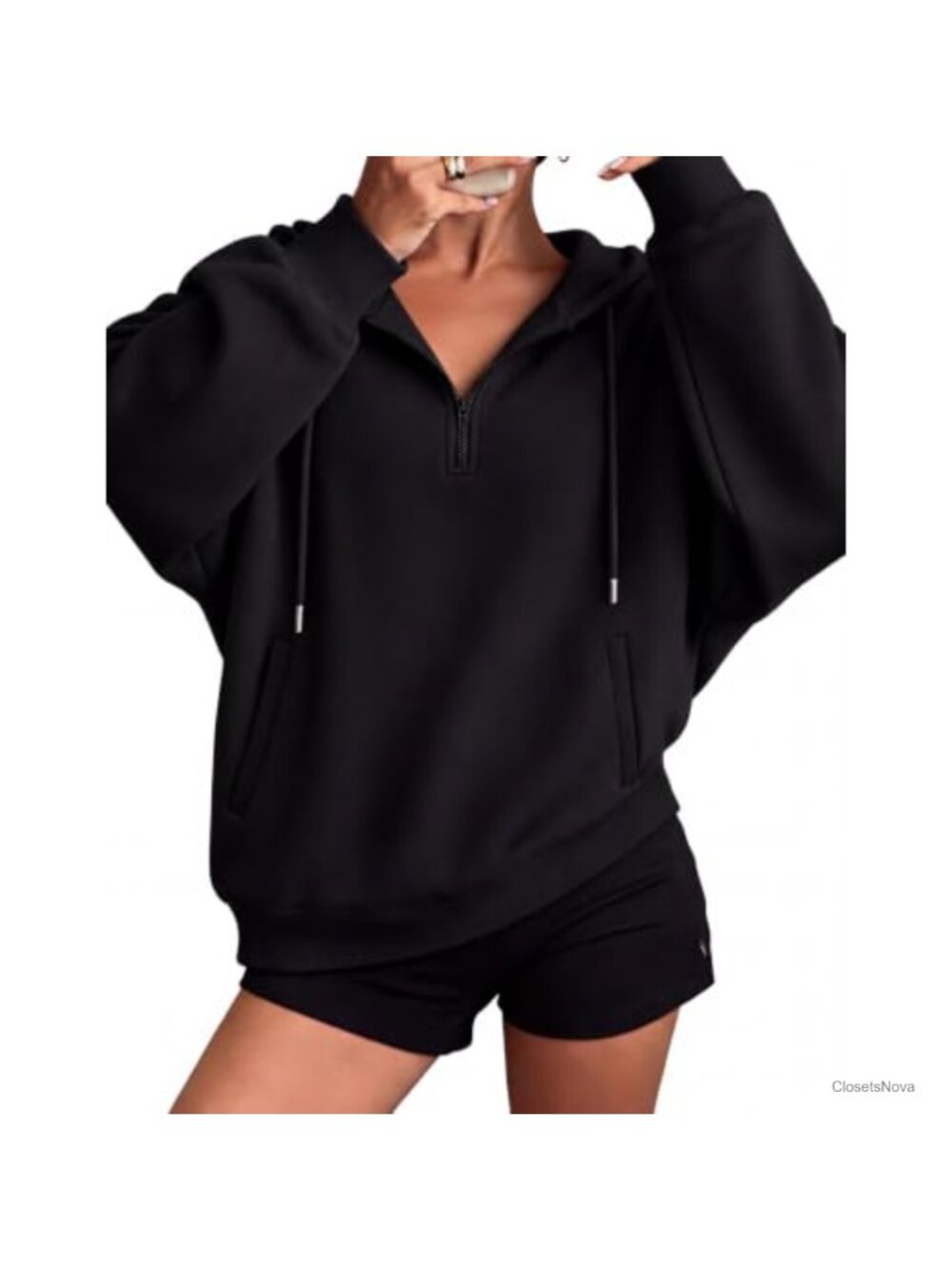Oversized Half Zip Hoodie Sweatshirt Drawstring Waist Pockets Casual